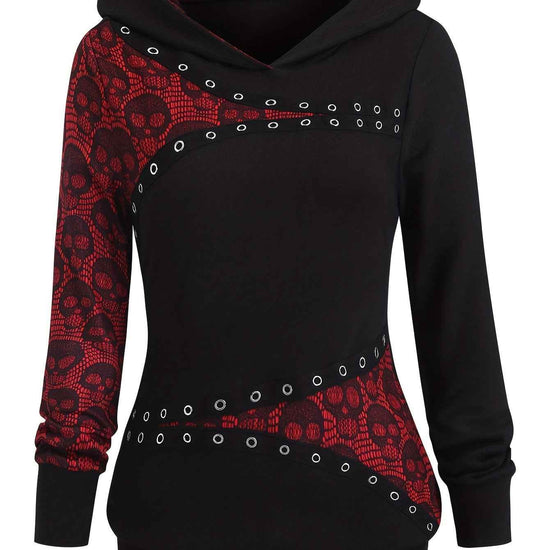 Women's Gothic Retro Skull & Lace-like Hooded Sweater - Black & White Color-Block Long Sleeve with Metal Grommet Eyelets, Slim-Fit Winter Warm Pullover, Machine Washable for Casual & Costume Outfits