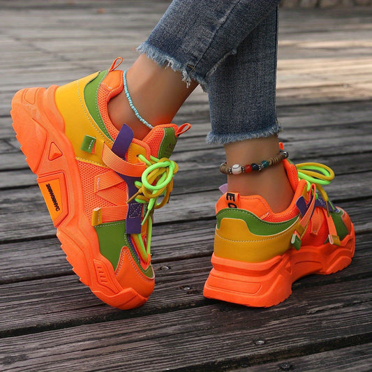 Fashionable Round-Toe Lace-Up Chunky Dad Shoes, Versatile Casual Women'S Footwear, Slip-Resistant Color-Blocked Running Shoes. SS69