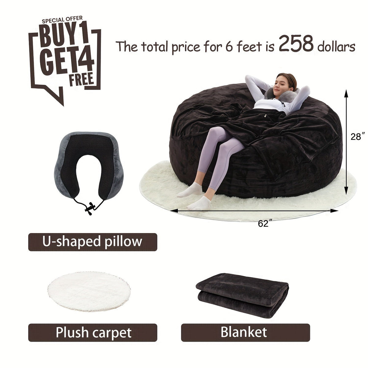 Bean Bag Chair(Give 3 Gifts:U-shape Pillow, Blanket Pillow, 6FT Carpet)Comfy Lazy Sofa Bed, Including 50 Pounds Of Filler, Large 6' Bean Bags With Memory Foam Filled, Large Beanbag Chairs Soft Sofa With Flannel Cover SS69 93.69 6FT(58