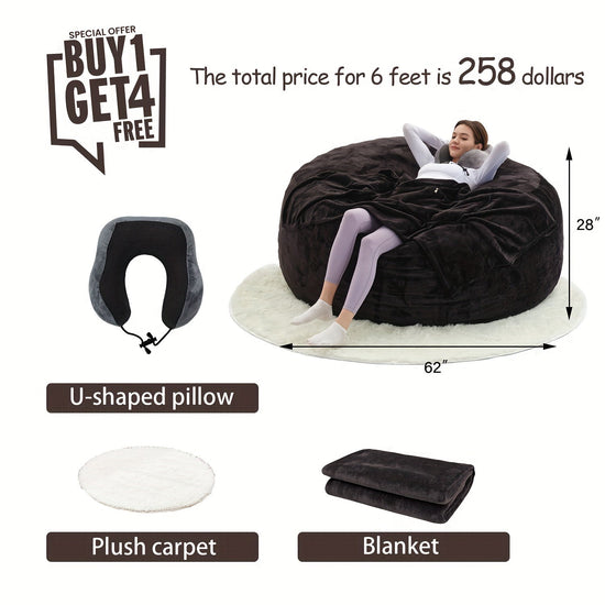 Bean Bag Chair(Give 3 Gifts:U-shape Pillow, Blanket Pillow, 6FT Carpet)Comfy Lazy Sofa Bed, Including 50 Pounds Of Filler, Large 6' Bean Bags With Memory Foam Filled, Large Beanbag Chairs Soft Sofa With Flannel Cover SS69 93.69 6FT(58