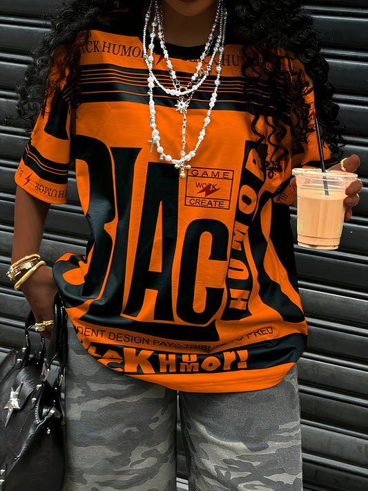 Women's Casual Letter Print T-Shirt - Olive Green with Black and White Text, Short Sleeve, Round Neck, Polyester, Machine Washable, Ideal for Casual Attire - SS69