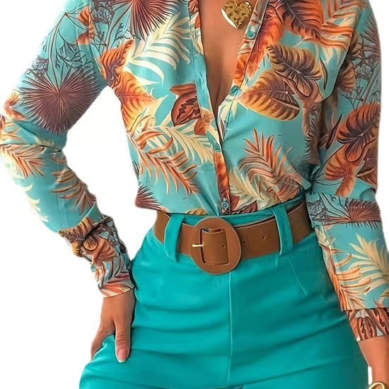 Women's fashion maple leaf print button- shirt solid color belted pants resort style two-piece pants set SS69 25.69 Green / XXL