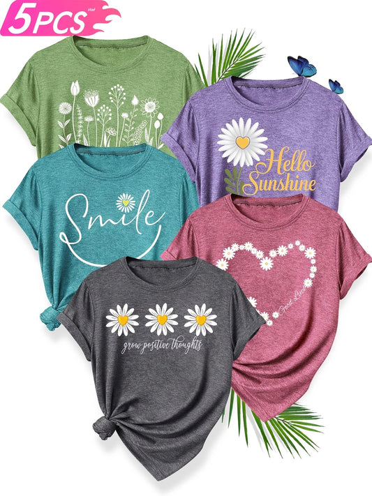 5pcs Women'S Casual Crew Neck Short Sleeve T-Shirts - Floral, Heart, and Smile Print Designs in Purple, Green, Pink, and Blue - Soft Stretch Fabric for Spring, Summer, and Fall, Plus Sizes Available, Plus Size Tee | Floral Pr SS69