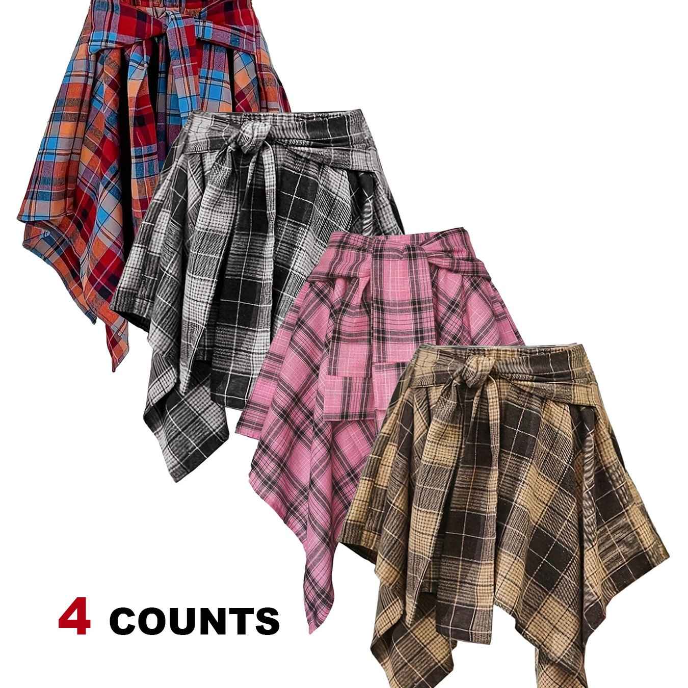 Plus Size - Plus Size - 4-Pack Plus Size Pleated Plaid Skirt | Women High Waist A-Line Elastic Waist Midi Skirt Casual Vintage Checkered Skirt With Slight Stretch Fabric