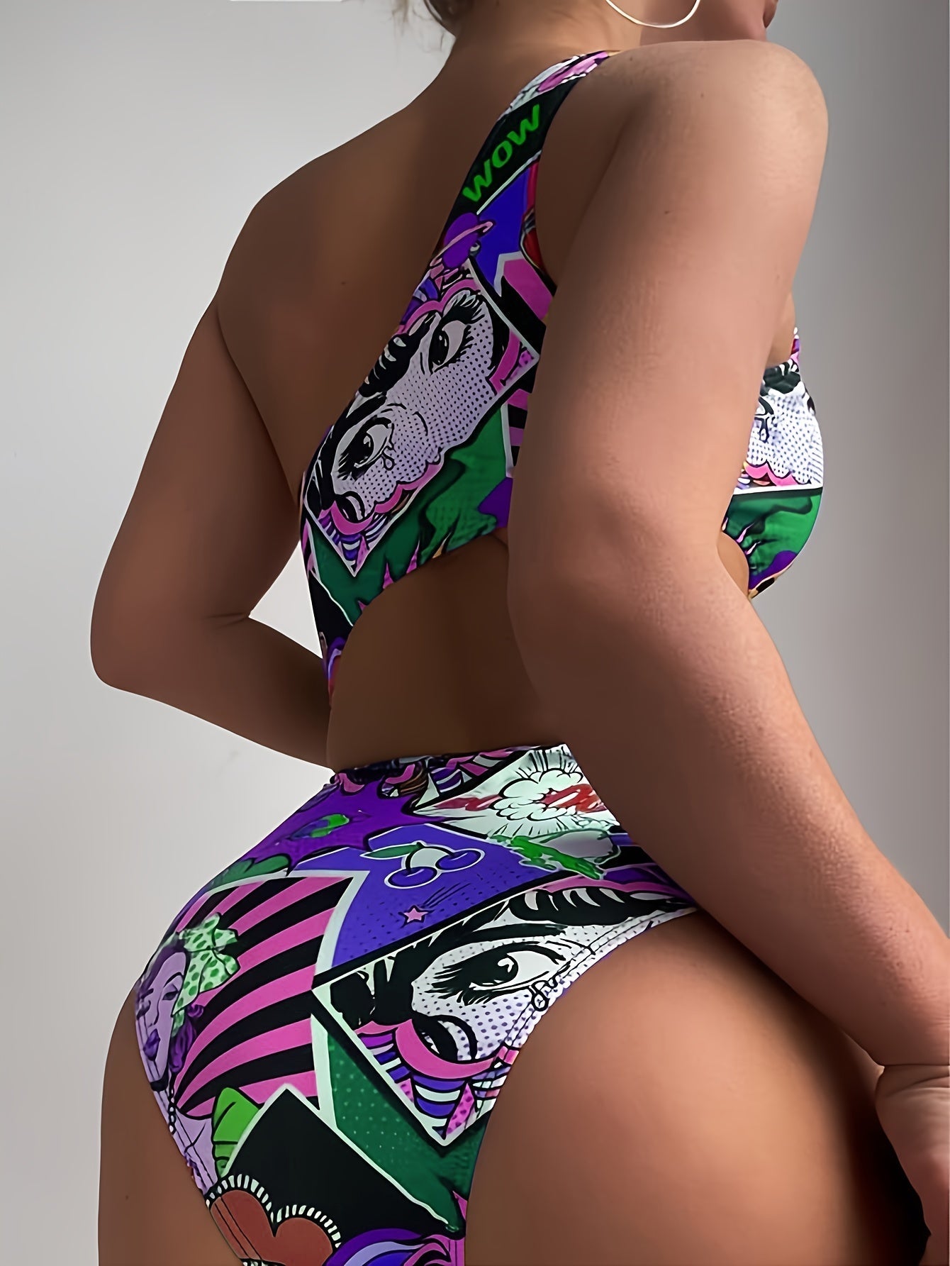 Women'S Vibrant One-Shoulder Swimsuit with Colorful Cartoon Characters - High Stretch, Asymmetrical Design, Perfect for Beach and Pool, Pool Swimsuit|Playful Design|One Shoulder Swimsui SS69