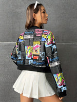 [Medium Stretch Polyester Bomber Jacket] Casual Polyester Bomber Jacket With Random Print, V-Neck, Zipper Closure, And Medium Stretch, Suitable For Spring/Autumn SS69