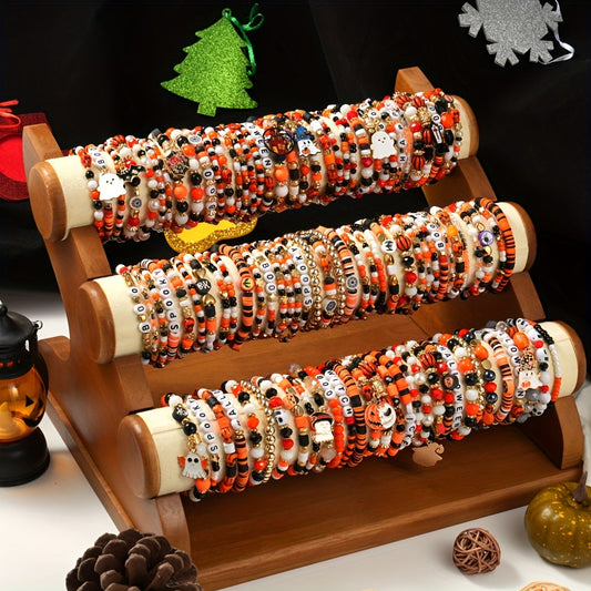 [Spooky Halloween Bracelets] 6/12/18/24/30/36pcs Spooky Halloween Beaded Bracelets | Goth Pumpkin Bat Witch Charm Stretch Stackable Bracelet Set for Women Men - Orange Beads Holiday Jewelry Gifts for Everyday Wear And Parties SS69