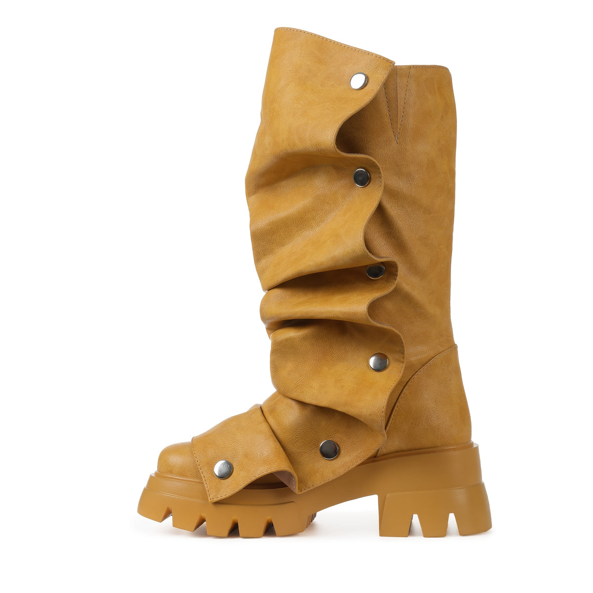 Women'S Round Toe Ruched Studded Mid Calf Chunky Heel Boots Stylish Boots Casual Dating Shoes SS69