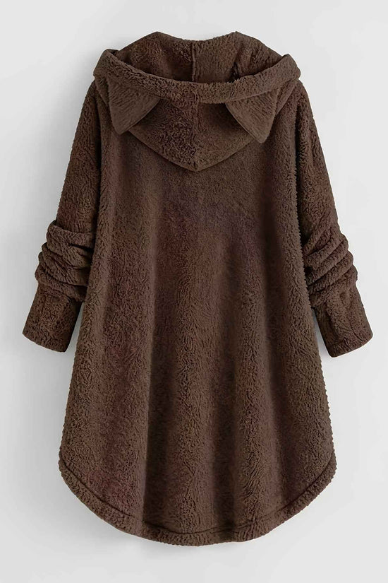 Plus Size - Women'S Plus Size Casual Teddy Hoodie with Cat Ears and Button Details | Long Sleeve, Asymmetrical Hem, Fall/Winter, Animal Print, Pullover Style