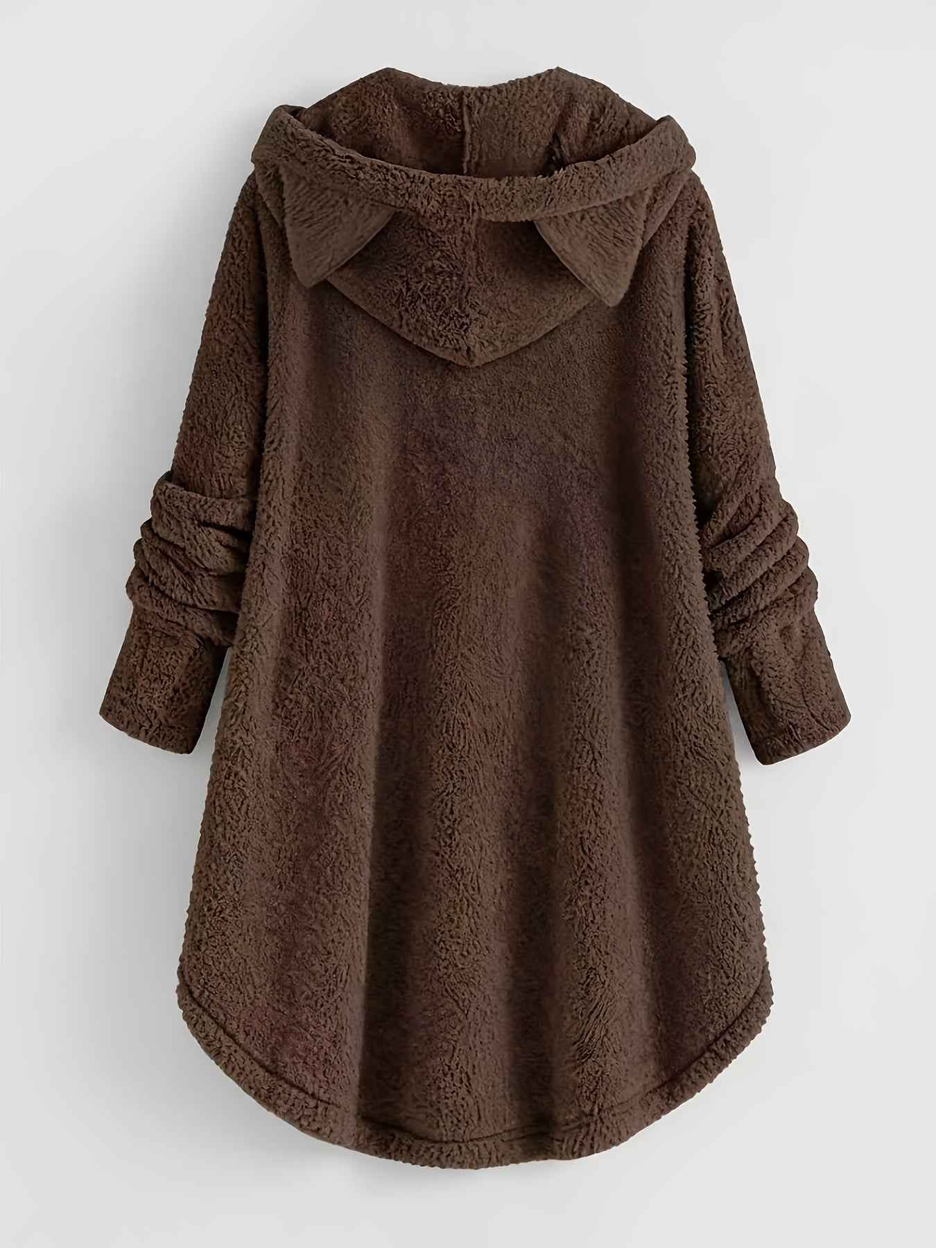 Plus Size - Women'S Plus Size Casual Teddy Hoodie with Cat Ears and Button Details | Long Sleeve, Asymmetrical Hem, Fall/Winter, Animal Print, Pullover Style