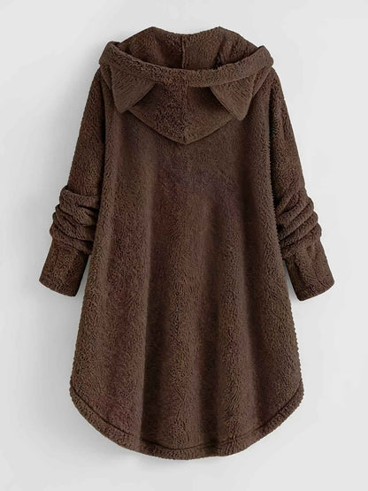 Plus Size - Women'S Plus Size Casual Teddy Hoodie with Cat Ears and Button Details | Long Sleeve, Asymmetrical Hem, Fall/Winter, Animal Print, Pullover Style