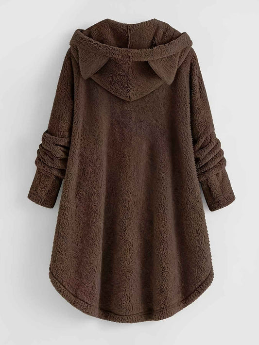 Plus Size - Women'S Plus Size Casual Teddy Hoodie with Cat Ears and Button Details | Long Sleeve, Asymmetrical Hem, Fall/Winter, Animal Print, Pullover Style