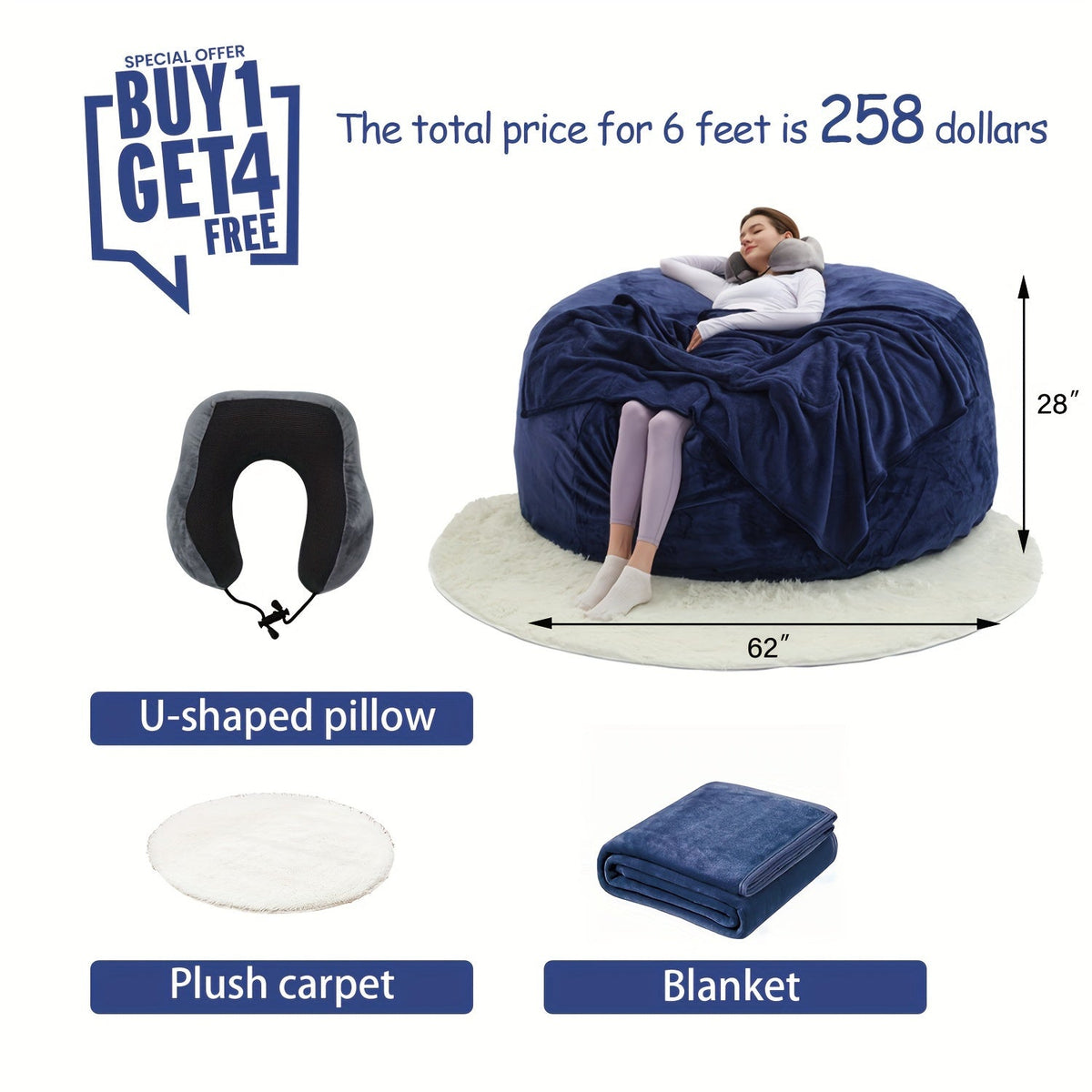Bean Bag Chair(Give 3 Gifts:U-shape Pillow, Blanket Pillow, 6FT Carpet)Comfy Lazy Sofa Bed, Including 50 Pounds Of Filler, Large 6' Bean Bags With Memory Foam Filled, Large Beanbag Chairs Soft Sofa With Flannel Cover SS69 93.69 6FT(58