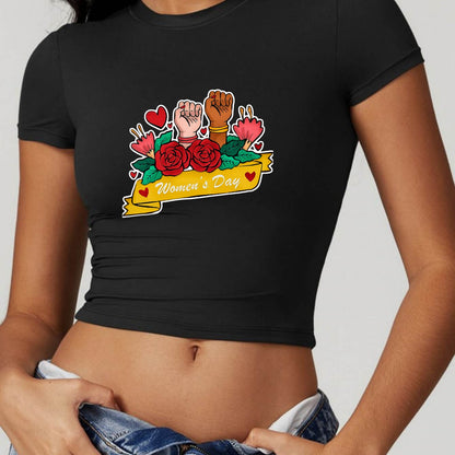 Women's Black Crop Top T-Shirt with 'Power and Love' Graphic Design - Short Sleeve, Casual Wear, Stretch Polyester Fabric, Fist & Floral Print, Machine Washable, Empowering Apparel | Fitted Crop Top | Glossy Texture SS69 13.69 Black / XXL