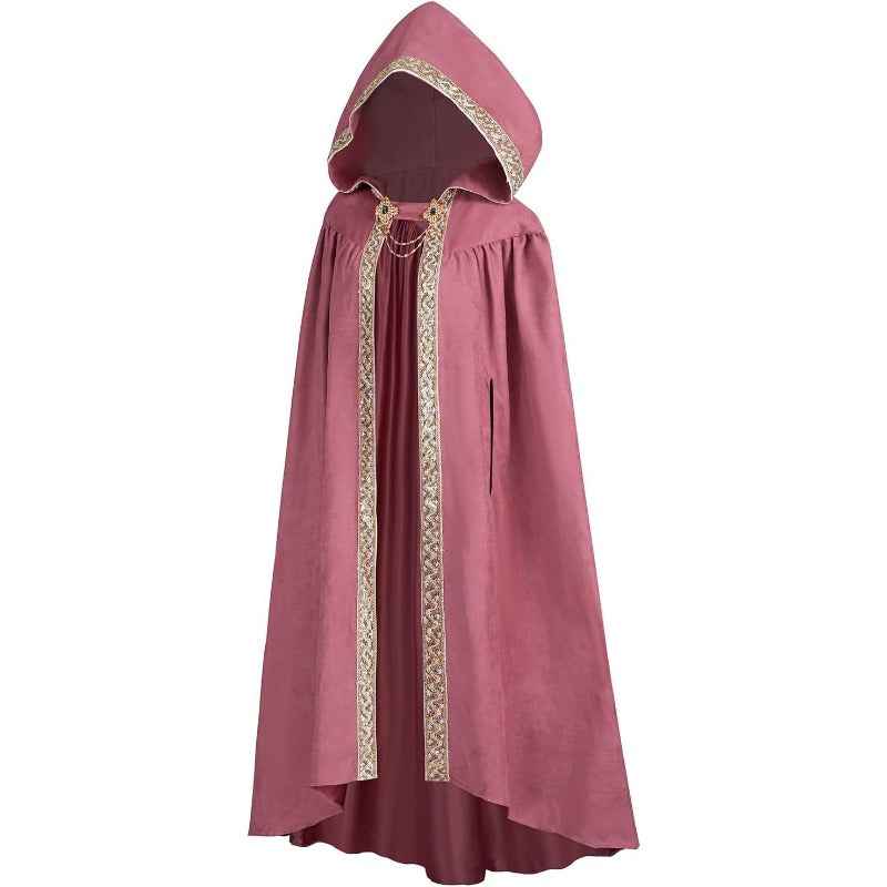 Medieval-Style Hooded Cape Costume, Celtic Knot & Satin Trim, Adjustable Tie-Front Closure, Renaissance Faire Outfit for Renaissance Festival Cosplay Themed Parties, Beige Pink Dark Green Burgundy
