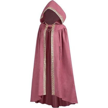 Medieval-Style Hooded Cape Costume, Celtic Knot & Satin Trim, Adjustable Tie-Front Closure, Renaissance Faire Outfit for Renaissance Festival Cosplay Themed Parties, Beige Pink Dark Green Burgundy