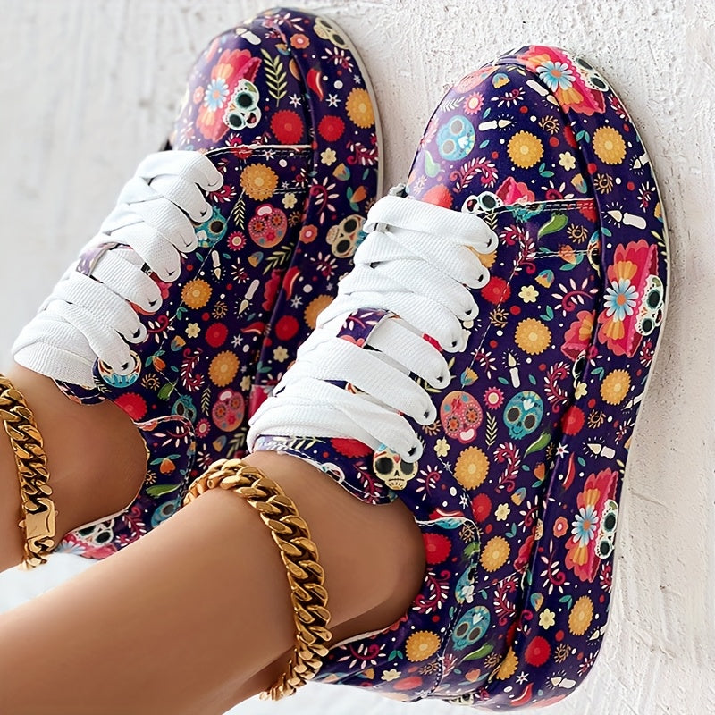 Casual Chic) Women's Vibrant Graffiti Print Lace-Up Sneakers - Low Top, Round Toe, All-Season Casual Shoes with Rubber Sole and Faux Cover Interior, Ladies Shoes - SS69