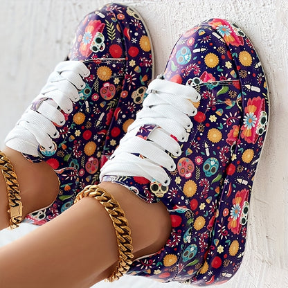 Casual Chic) Women's Vibrant Graffiti Print Lace-Up Sneakers - Low Top, Round Toe, All-Season Casual Shoes with Rubber Sole and Faux Cover Interior, Ladies Shoes - SS69