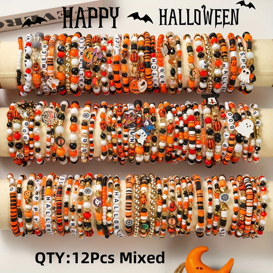 [Spooky Halloween Bracelets] 6/12/18/24/30/36pcs Spooky Halloween Beaded Bracelets | Goth Pumpkin Bat Witch Charm Stretch Stackable Bracelet Set for Women Men - Orange Beads Holiday Jewelry Gifts for Everyday Wear And Parties SS69 11.69 12Pcs Mixed