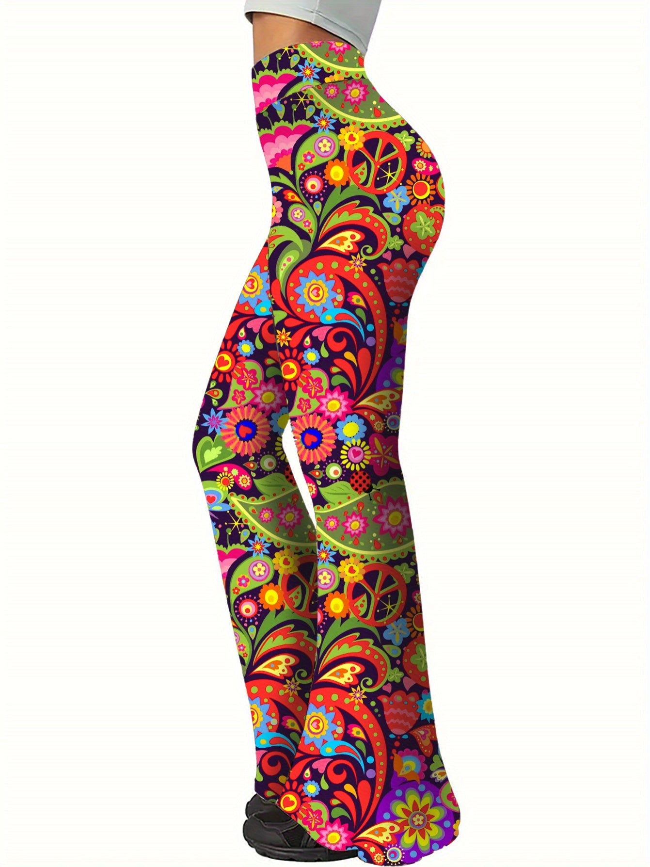 Women's High-Waisted Flared Pants - Stretchy Floral bell-bottoms with Elastic Waist, Non-See-Through Fabric for Parties, Everyday & Formal Events - Machine Washable All-Season Trousers, Party Attire, Comfortable Fit, Versatil