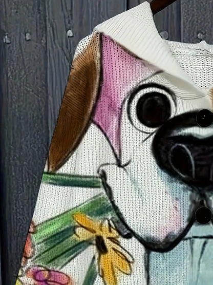 Plus Size Women'S Oversized Loose-Fit Hooded Sweater Jacket with Dalmatian Print & V-Neck - Cozy Winter Warm Coat, Machine Washable Casual Outerwear for Curvy Women, Plus Size Sweater Coat for Fall and Winter, Stylish Plus Si