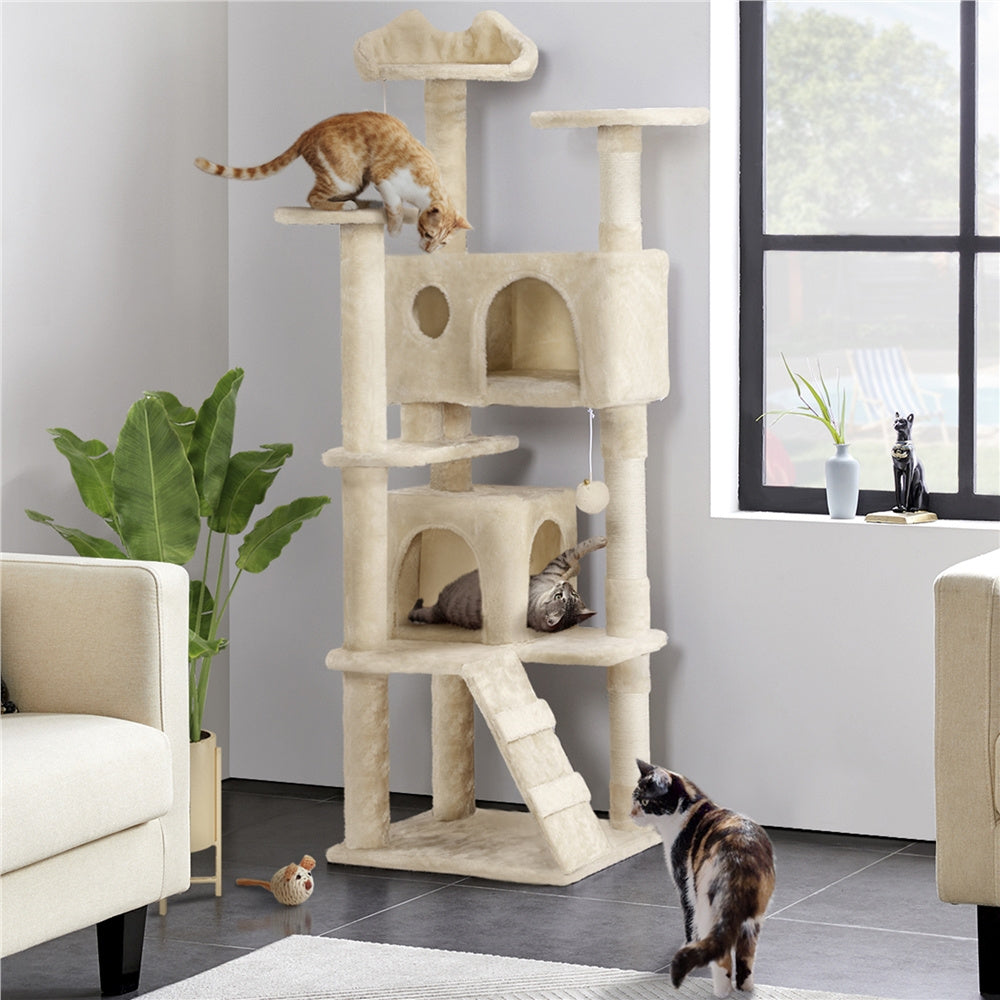 Costoffs Cat Tree 54in/70in/62in/80in/23.5in Cat Tower Condo with 2 Condos & 2 Dangling Balls & 3 Scratching Posts Large Cat House for for Kittens & Cats, Dark Gray/Light Gray/Beige/Black/Pink/Brown/Navy Blue/Green, Brown/W SS69 67.69 Beige / 62in
