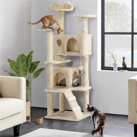 Costoffs Cat Tree 54in/70in/62in/80in/23.5in Cat Tower Condo with 2 Condos & 2 Dangling Balls & 3 Scratching Posts Large Cat House for for Kittens & Cats, Dark Gray/Light Gray/Beige/Black/Pink/Brown/Navy Blue/Green, Brown/W SS69 67.69 Beige / 62in