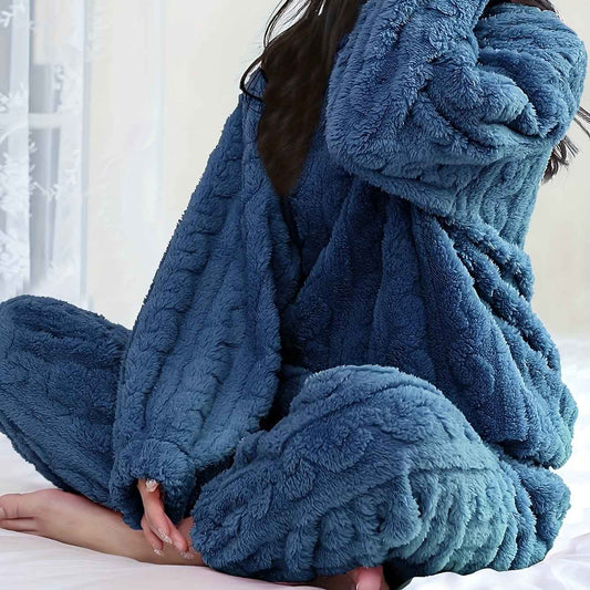 Solid Color Plus Size Women's Cozy Fleece Pajama Set - Soft Long Sleeve Round Neck Top & Pants, Casual Style, Perfect for Fall/Winter, Comfortable Sleepwear|Casual Style Pajamas|Soft Fleece Material