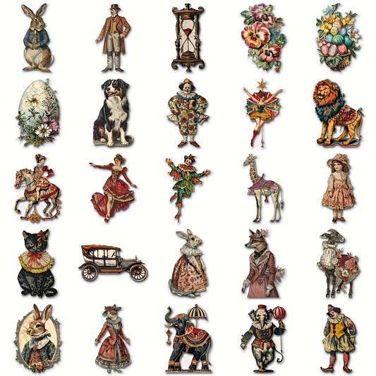 50-Pack Victorian Era Themed Waterproof Stickers - Transparent PET Material, Vintage Illustrations of Animals, Clockwork Machines & Floral Designs - Perfect for DIY Decoration on Skateboards, Phone Cases & Guitars, Vintage Cr SS69