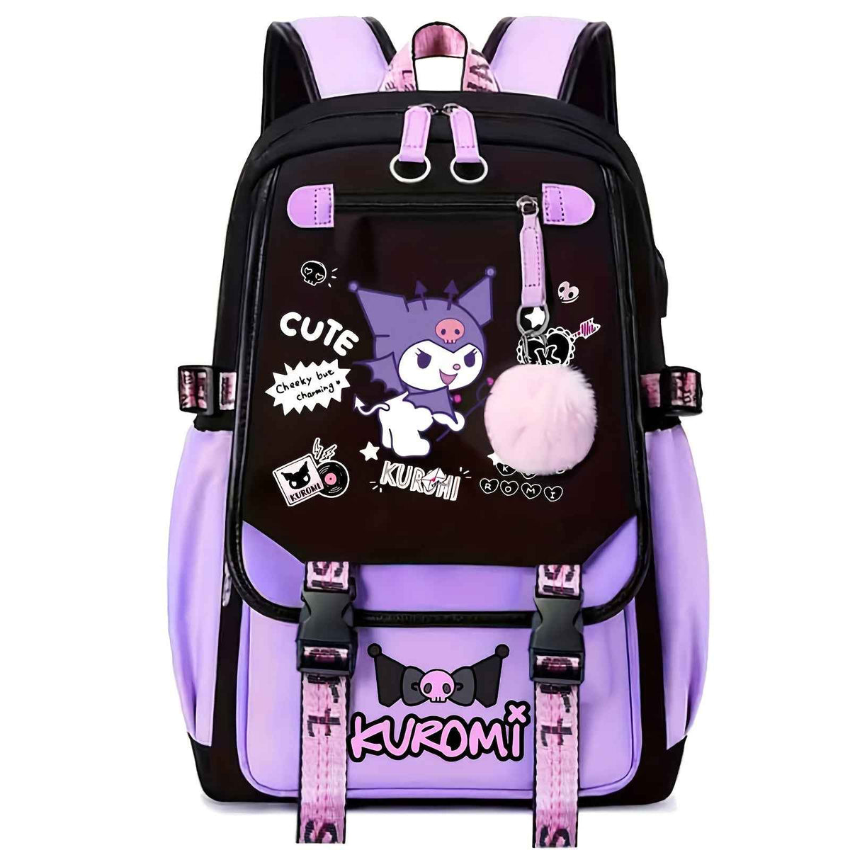Sanrio Kuromi Canvas Backpack - Lightweight, Adjustable Straps, Zip Closure - Cute Anime Design with Plush Characters and Decorative Pins - Ideal for Students & Travel - Fits 17