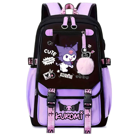 Sanrio Kuromi Canvas Backpack - Lightweight, Adjustable Straps, Zip Closure - Cute Anime Design with Plush Characters and Decorative Pins - Ideal for Students & Travel - Fits 17" Laptop - Black & Purple, Anime Accessory|Plush