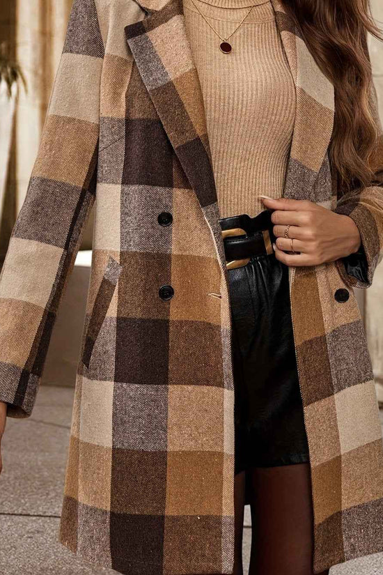 Plus Size - Plus Size - Plus Size Women'S Elegant Double-Breasted Plaid Jacket - Mid-Length Lapel Collar with Pockets, Long Sleeve, Non-Stretch Fabric, Fall/Winter Outerwear, Brown & Checkered Pattern, Casual Chic Style, Casu