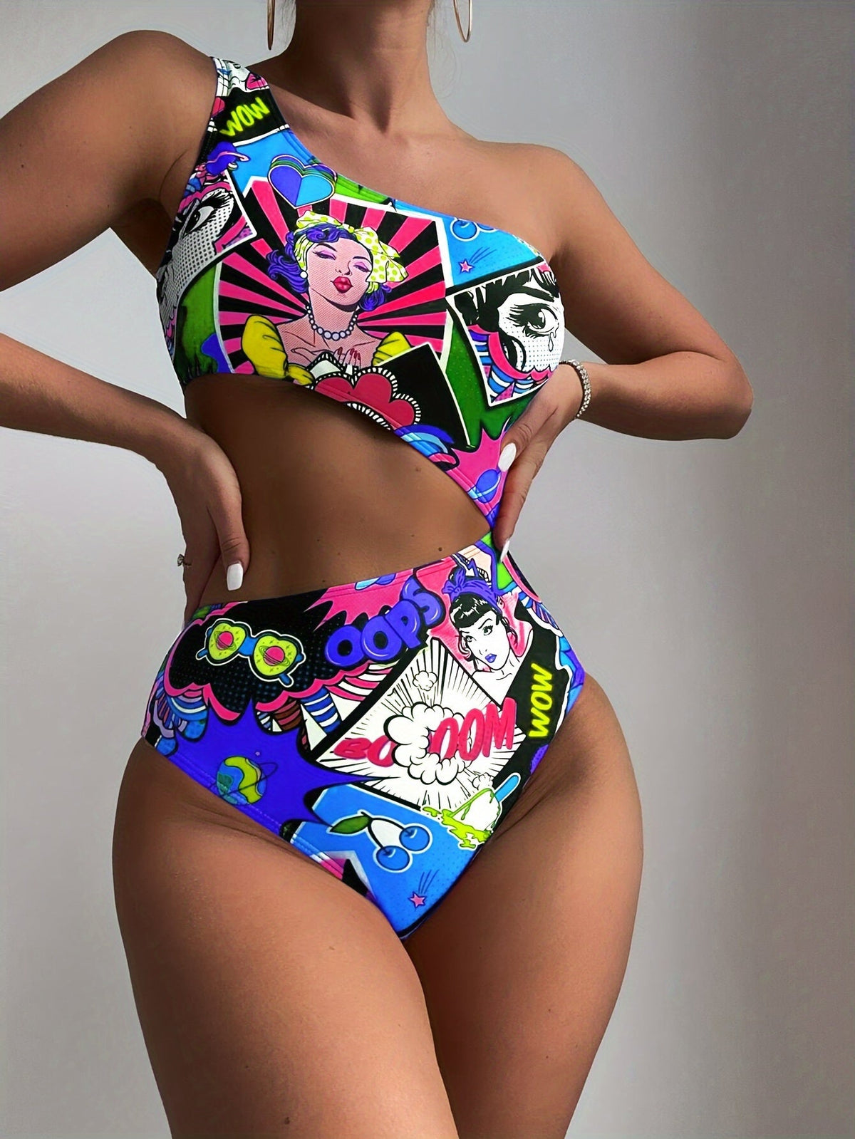 Women'S Vibrant One-Shoulder Swimsuit with Colorful Cartoon Characters - High Stretch, Asymmetrical Design, Perfect for Beach and Pool, Pool Swimsuit|Playful Design|One Shoulder Swimsui SS69