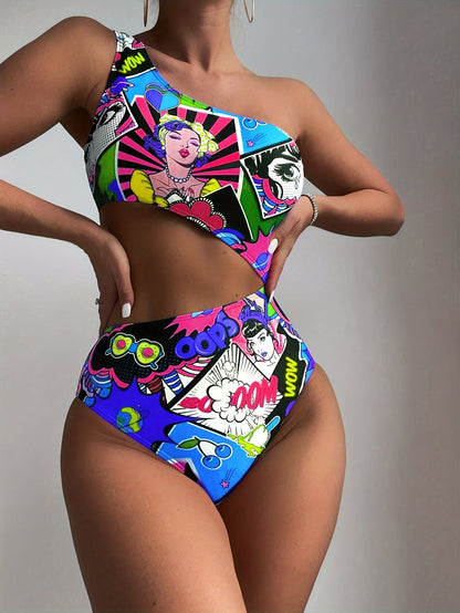 Women'S Vibrant One-Shoulder Swimsuit with Colorful Cartoon Characters - High Stretch, Asymmetrical Design, Perfect for Beach and Pool, Pool Swimsuit|Playful Design|One Shoulder Swimsui SS69