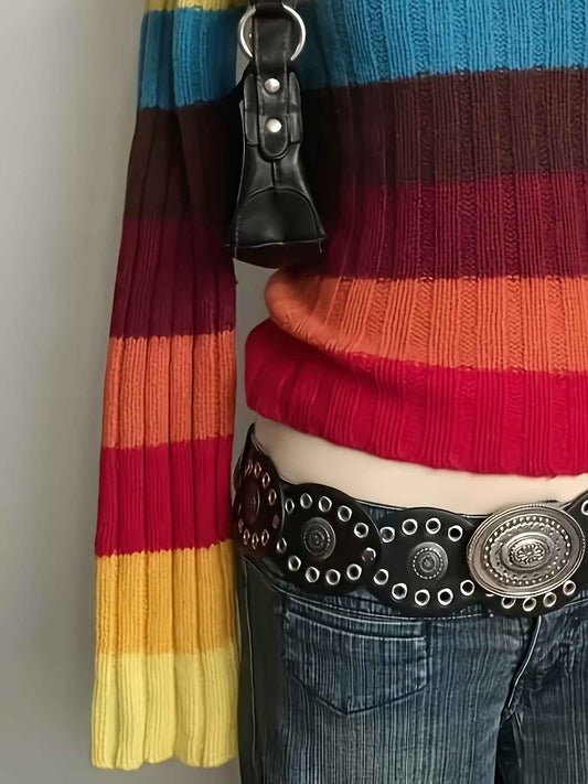 Y2K Retro Sweater, Multicolor Horizontal Striped Gothic Punk Rock Rainbow, Winter Warm Collar Long Sleeve Coat, Machine Washable Layered Outfit, Pink/Blue/Yellow/Black/Brown