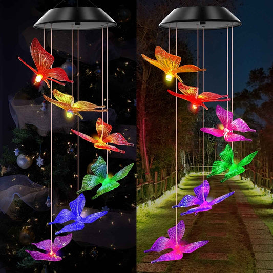Purple Butterfly Solar Wind Chimes Color Changing Lights Outdoor, Best Gifts for Mom Grandma Women Wife Aunt Sister, Unique Mobile Wind Chime, Mothers Day Yard Decor IP65, Solar Wind Chimes For Outside, Hummingbird Wind Chime