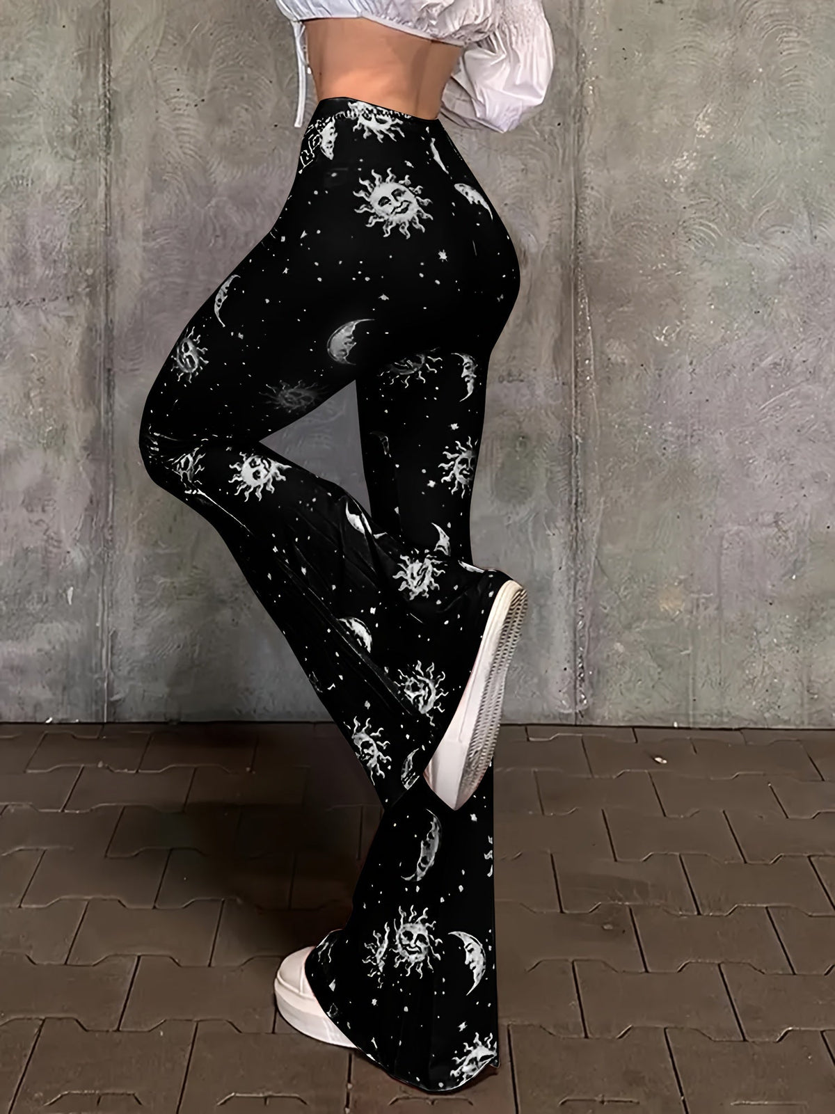 Polyester Spandex Blend Flare Leg Pants - Galaxy Moon Sun Print - Young Style for Adult Women - Spring/Fall Season SS69