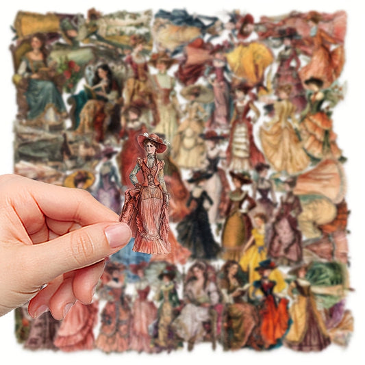 50pcs YWWBLD Vintage European & American Character Stickers - Transparent, Matte Finish, Polyethylene Terephthalate, Self-Adhesive for Scrapbooking, Luggage & Room Decorations SS69