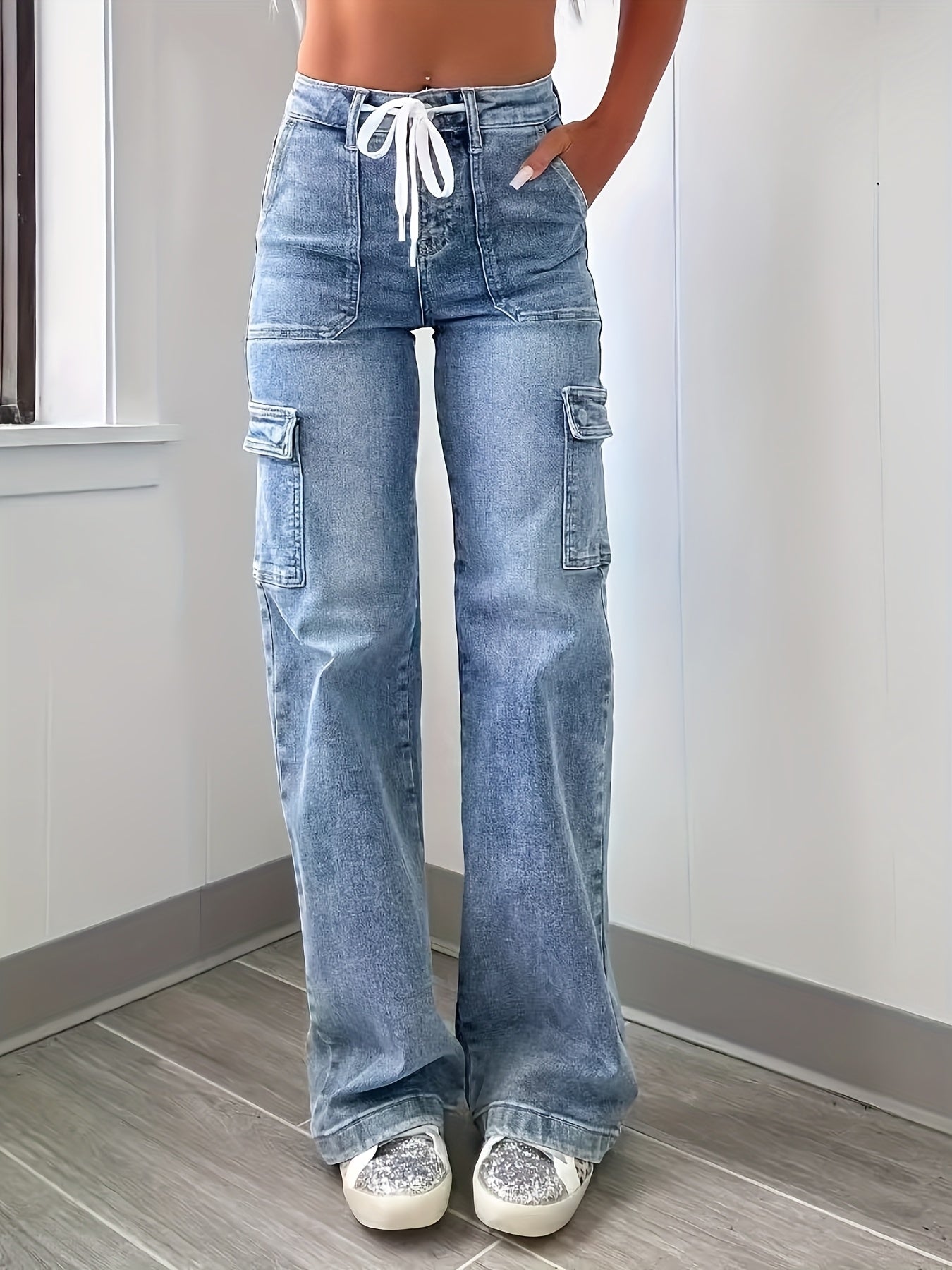 2025 New Style Women'S Leisure Straight-leg Jeans With Laces And Multiple Pockets. Casual Fashion Denim Fabric Sweatpants Jeans Fit Womenswear - SS69 