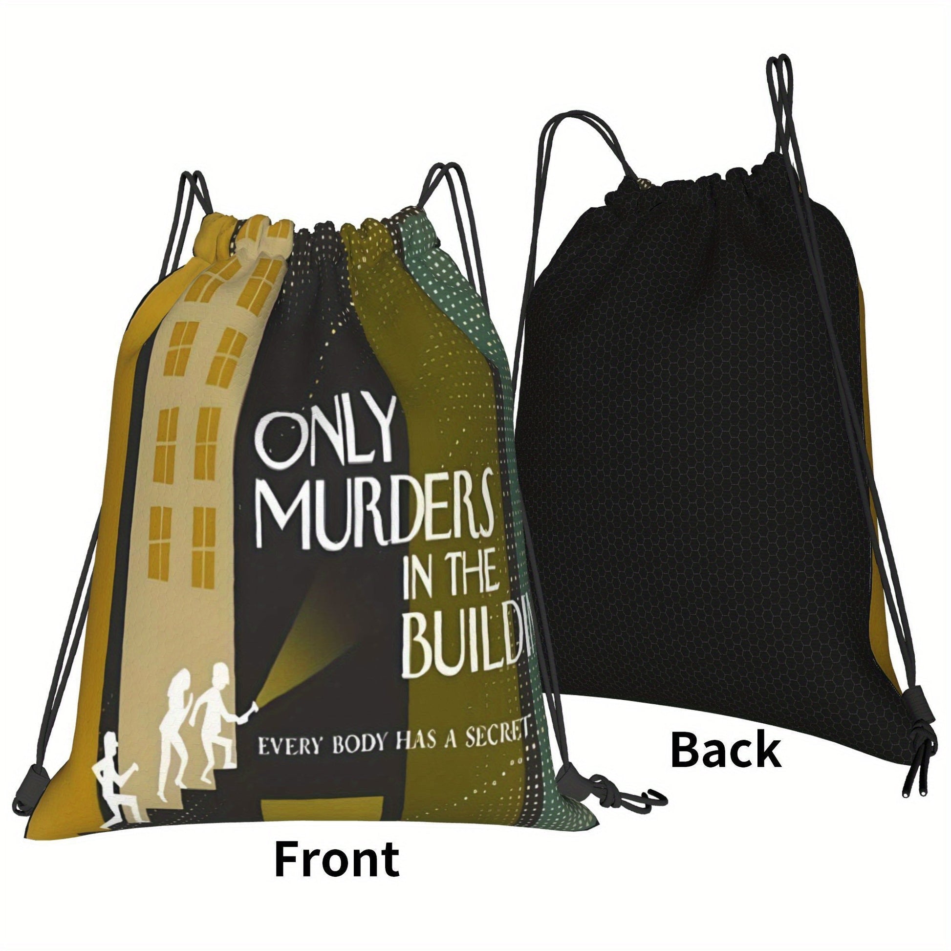 In The Building Drawstring Backpack - True Crime Inspired "Only Murders in the Building" Graphic, Gym, Travel, School, Everyday Bag - Drawstring Closure, Machine Washable - for Men & Women (Green/Black/), True Crime Enthusias SS69