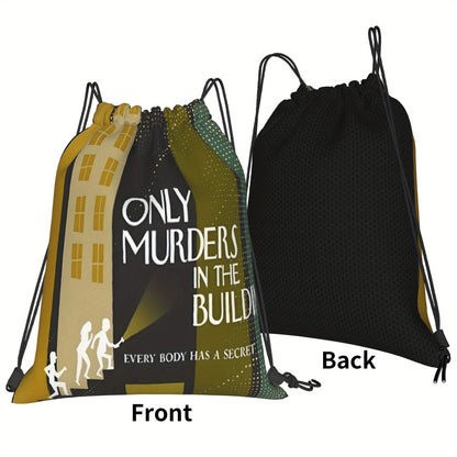 In The Building Drawstring Backpack - True Crime Inspired "Only Murders in the Building" Graphic, Gym, Travel, School, Everyday Bag - Drawstring Closure, Machine Washable - for Men & Women (Green/Black/), True Crime Enthusias SS69