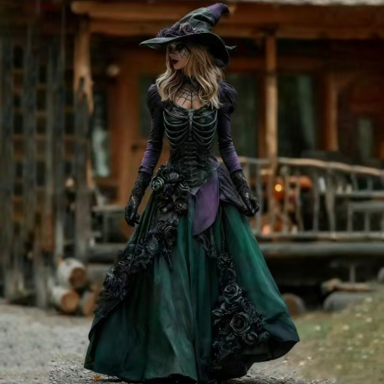 Women'S Elegant Retro Gothic Witch Dress - Long Sleeve Puffed Sleeve with Ruffled Hem & Belted Waist, Machine Washable Purple & Digital Print Halloween Costume Party Outfit, Vintage-Inspired Autumn Dress for Themed Events & C SS69 26.69 Dark Green / XL
