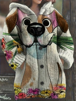 Plus Size Women'S Oversized Loose-Fit Hooded Sweater Jacket with Dalmatian Print & V-Neck - Cozy Winter Warm Coat, Machine Washable Casual Outerwear for Curvy Women, Plus Size Sweater Coat for Fall and Winter, Stylish Plus Si