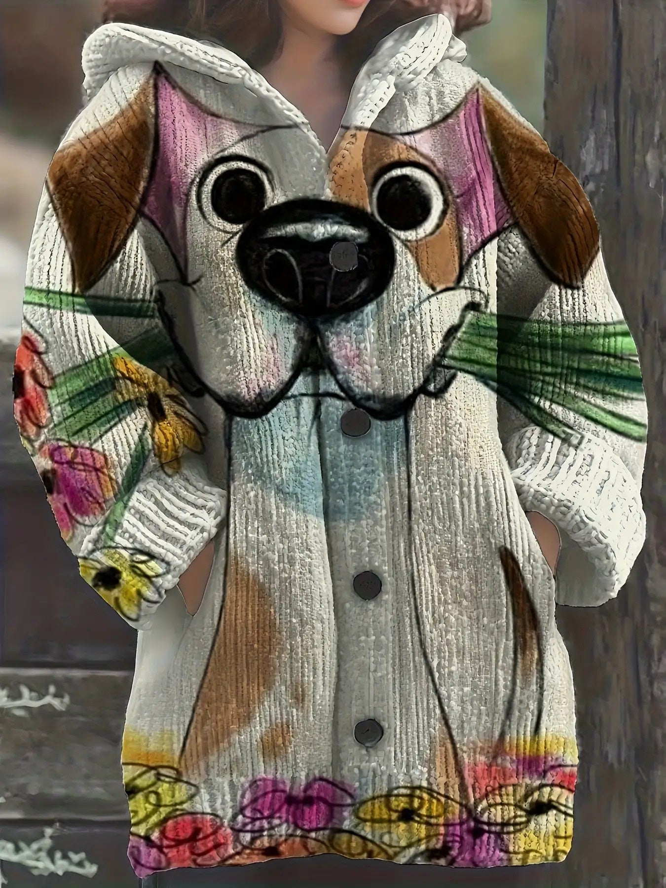 Plus Size Women'S Oversized Loose-Fit Hooded Sweater Jacket with Dalmatian Print & V-Neck - Cozy Winter Warm Coat, Machine Washable Casual Outerwear for Curvy Women, Plus Size Sweater Coat for Fall and Winter, Stylish Plus Si