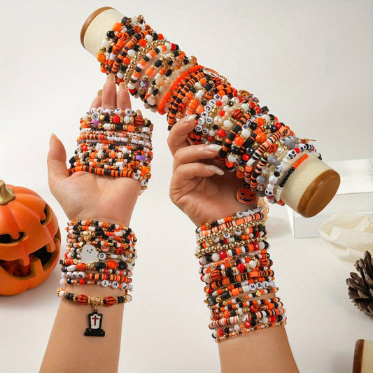 [Spooky Halloween Bracelets] 6/12/18/24/30/36pcs Spooky Halloween Beaded Bracelets | Goth Pumpkin Bat Witch Charm Stretch Stackable Bracelet Set for Women Men - Orange Beads Holiday Jewelry Gifts for Everyday Wear And Parties SS69
