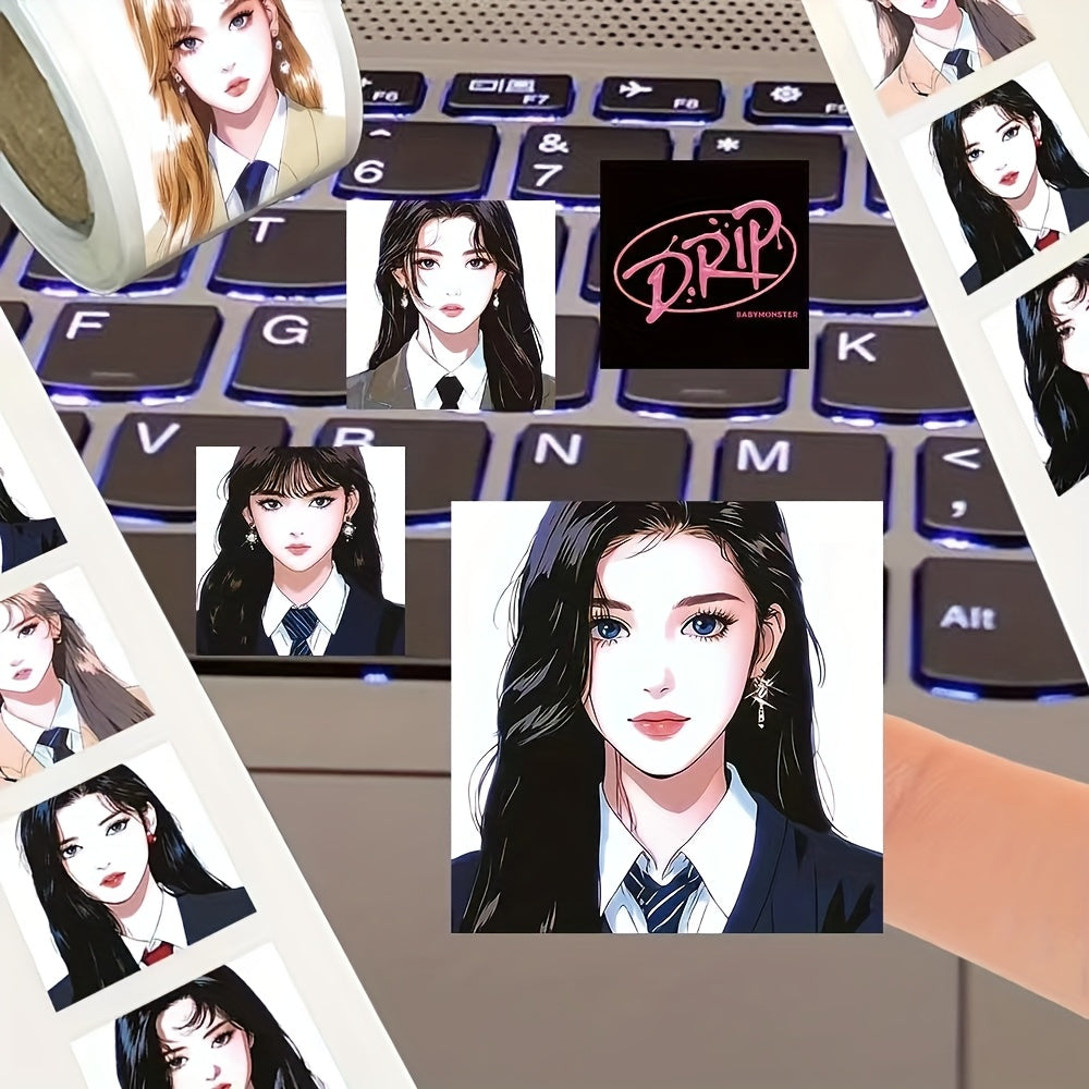 1 Roll of 500 Rectangle Glossy Paper Stickers, BABYMONSTER Hand-Painted, Single Use, with Kpop Girl Group Tablets Luggage Sealed Stickers, for Fans SS69