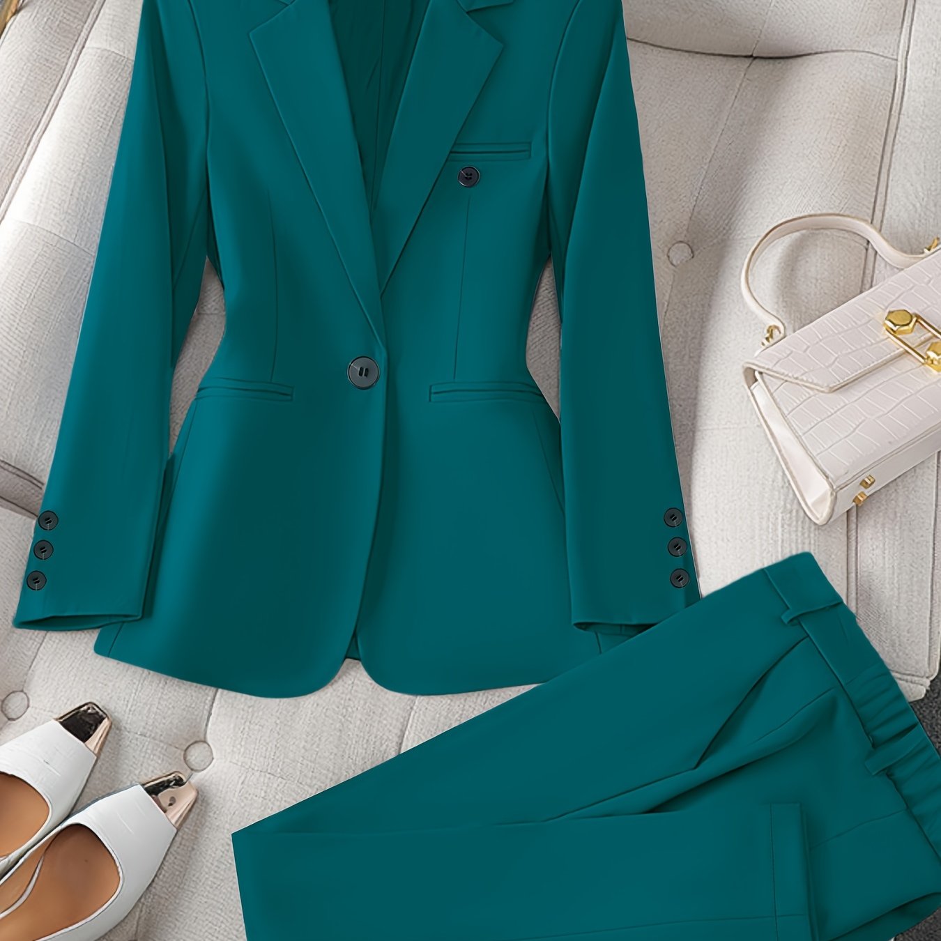 Women'S Casual Two-Piece Set, Fashionable Business Style, Solid Color, Long Sleeve, Polyester, with Lapel Collar, and Pants, for All Seasons SS69 57.69 Dark Cyan / XXL