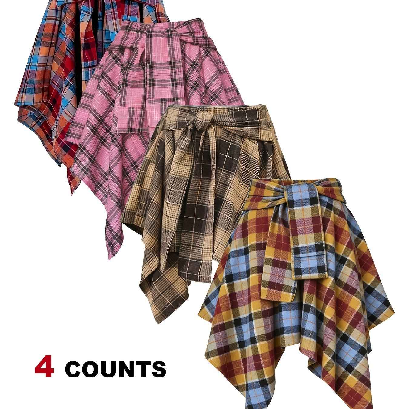 Plus Size - Plus Size - 4-Pack Plus Size Pleated Plaid Skirt | Women High Waist A-Line Elastic Waist Midi Skirt Casual Vintage Checkered Skirt With Slight Stretch Fabric