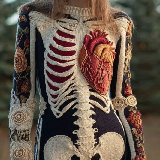 Women's Gothic 3D Skull Sweater - Retro Winter Warm Crewneck Sweater with Skull & Bone Pattern, Long Sleeve Hand Washable Fall Winter Sweater for Halloween Costume or Casual Outfit (Cozy Knitwear) SS69 24.69 Multicolor / XXL