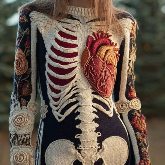 Women's Gothic 3D Skull Sweater - Retro Winter Warm Crewneck Sweater with Skull & Bone Pattern, Long Sleeve Hand Washable Fall Winter Sweater for Halloween Costume or Casual Outfit (Cozy Knitwear) SS69 24.69 Multicolor / XXL